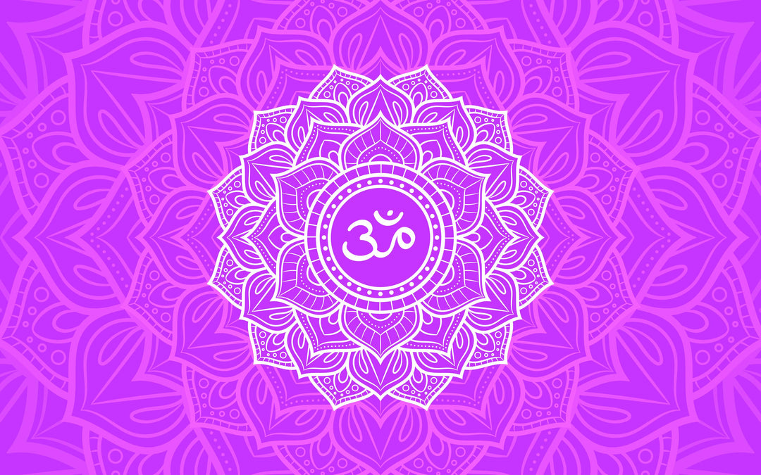 Purple crown chakra mandala with Om symbol at the centre on a violet background