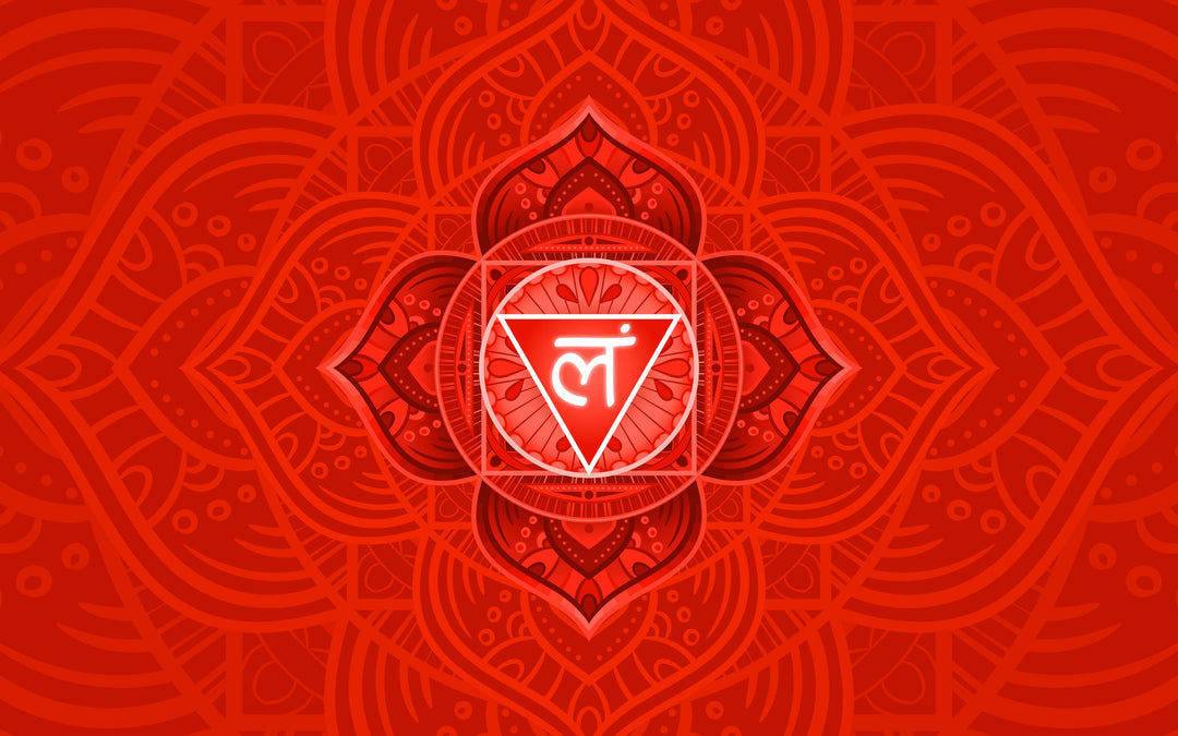 Red muladhara chakra symbol with four petals and LAM seed mantra, the root chakra responsible for grounding all the chakras and anchoring the entire energy system
