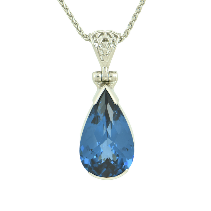 Blue Green Spinel Pendant, Pear Cut, set in Sterling Silver plated in White Rhodium