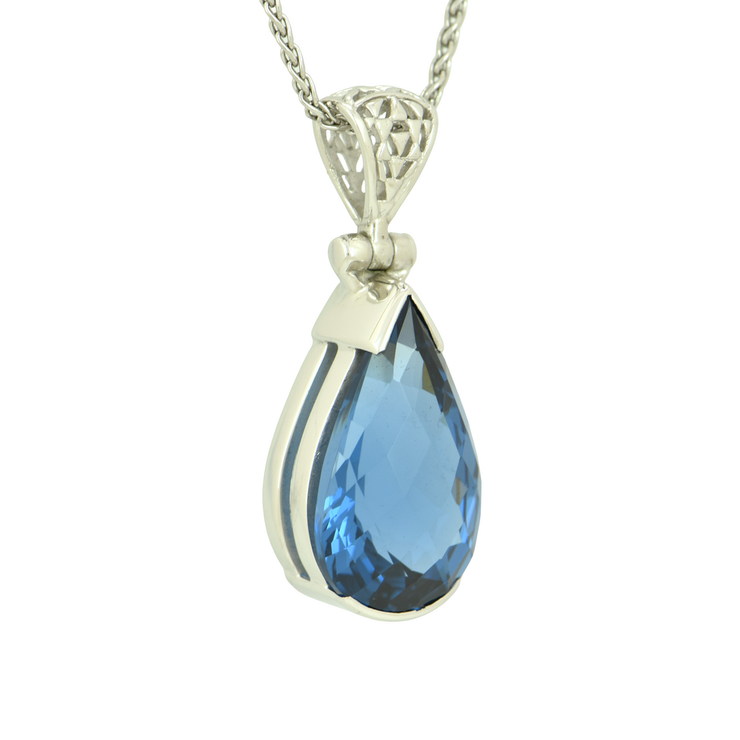 Blue Green Spinel Pendant, Pear Cut, set in Sterling Silver plated in White Rhodium