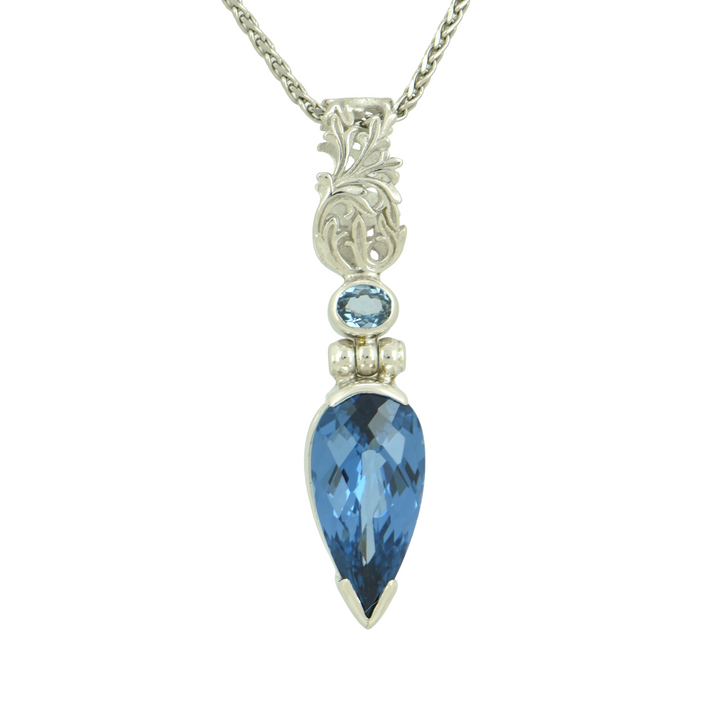 Blue Green Spinel Pendant, Pear Cut, set in Sterling Silver plated in White Rhodium