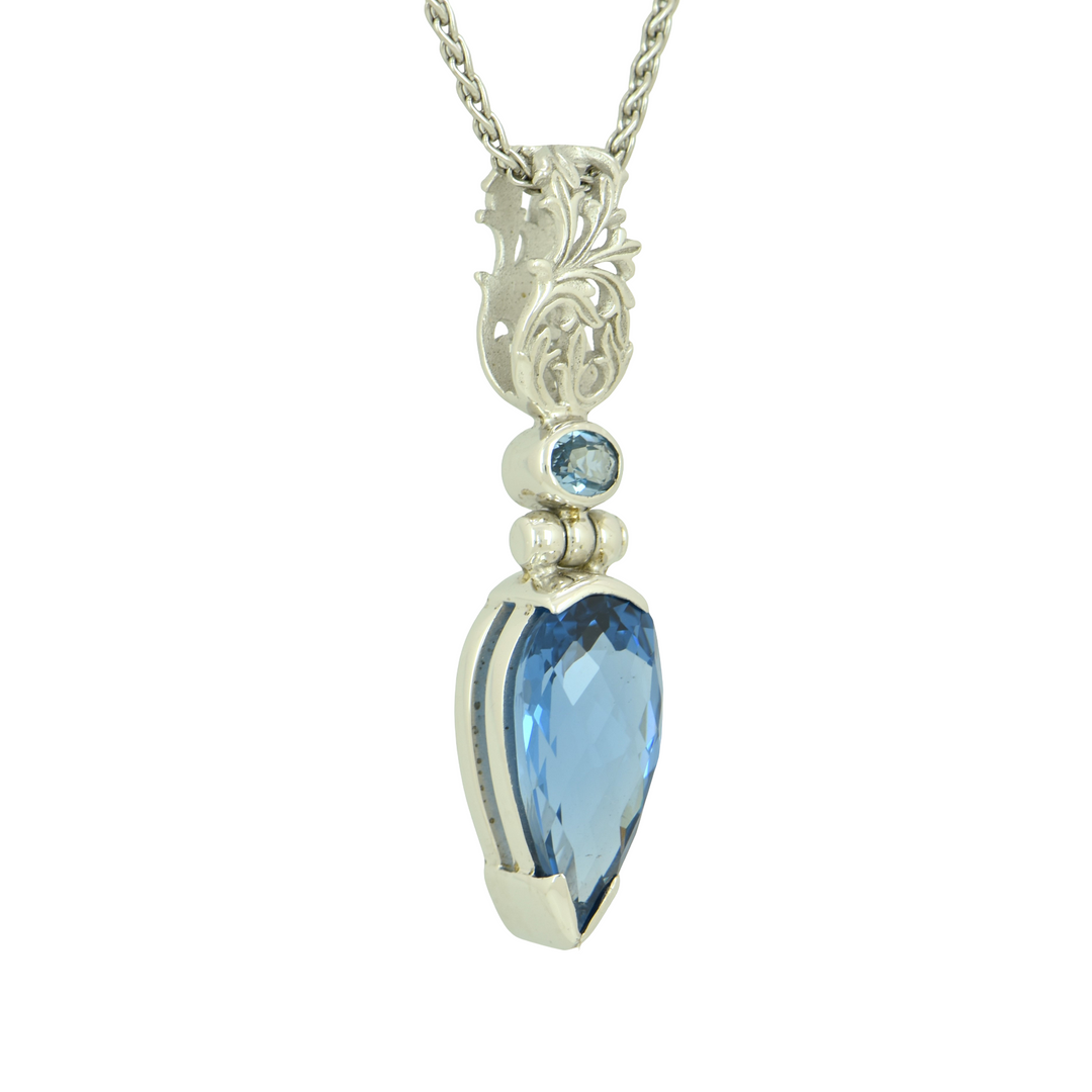 Blue Green Spinel Pendant, Pear Cut, set in Sterling Silver plated in White Rhodium
