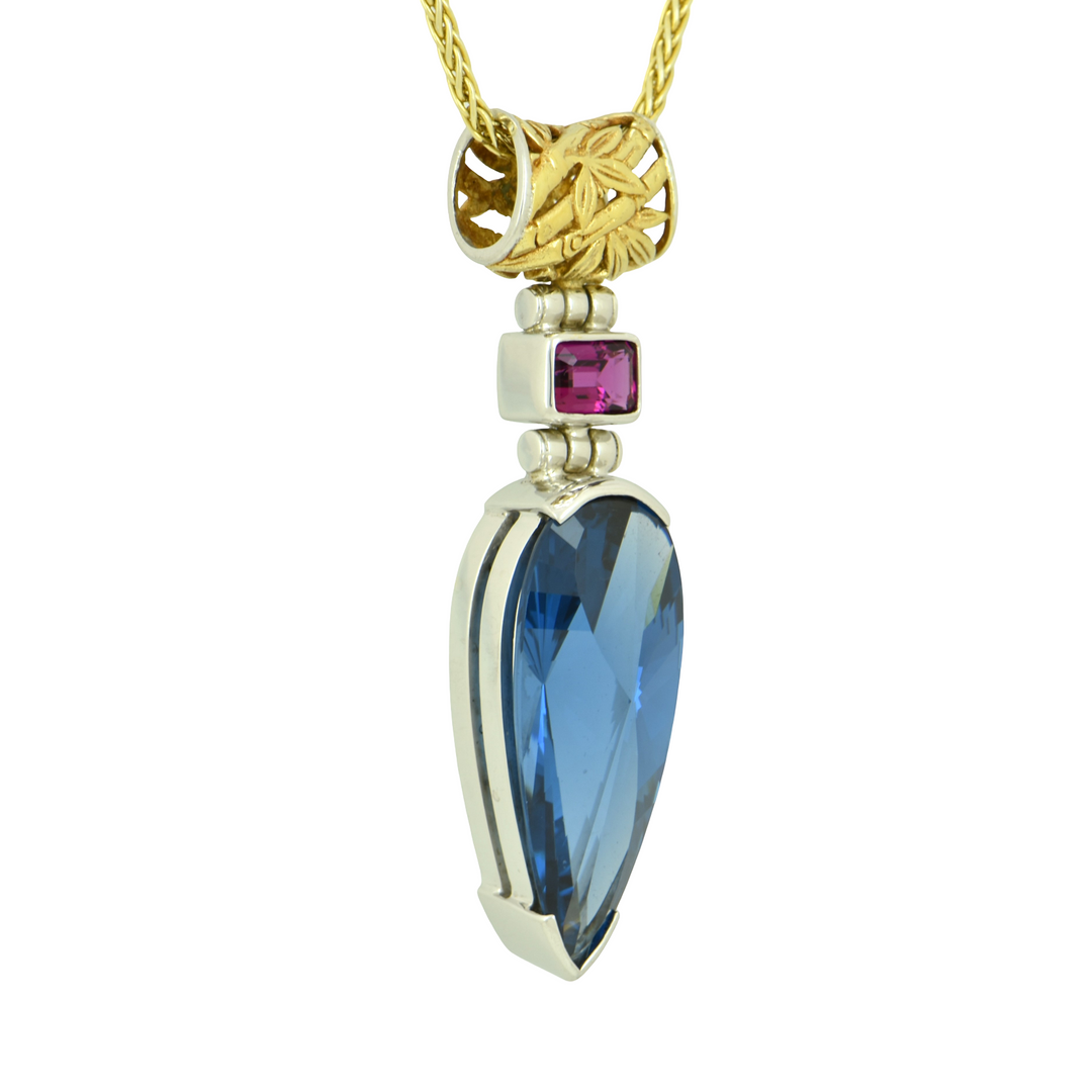 Blue Green Spinel Pendant, Pear Yin Yang Cut, set in Sterling Silver plated in White Rhodium