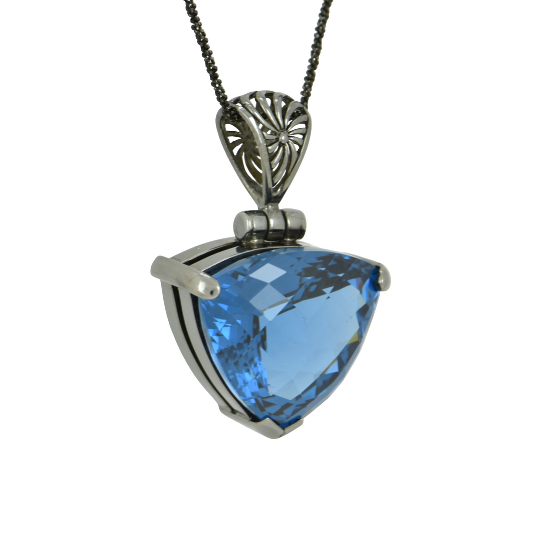 Blue Green Spinel Pendant, Trillion Cut, set in Sterling Silver plated in Black Rhodium