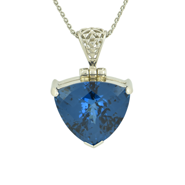Blue Green Spinel Pendant, Trillion Cut, set in Sterling Silver plated in White Rhodium