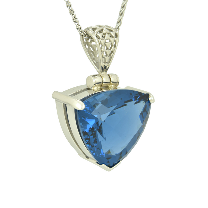Blue Green Spinel Pendant, Trillion Cut, set in Sterling Silver plated in White Rhodium