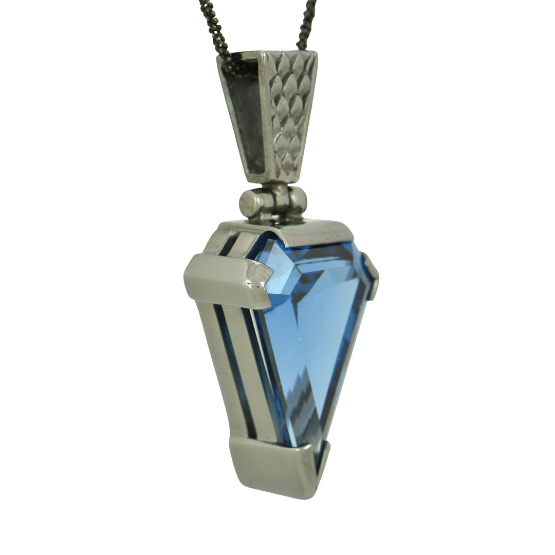 Blue Green Spinel Pendant, Superman Cut, set in Sterling Silver plated in Black Rhodium
