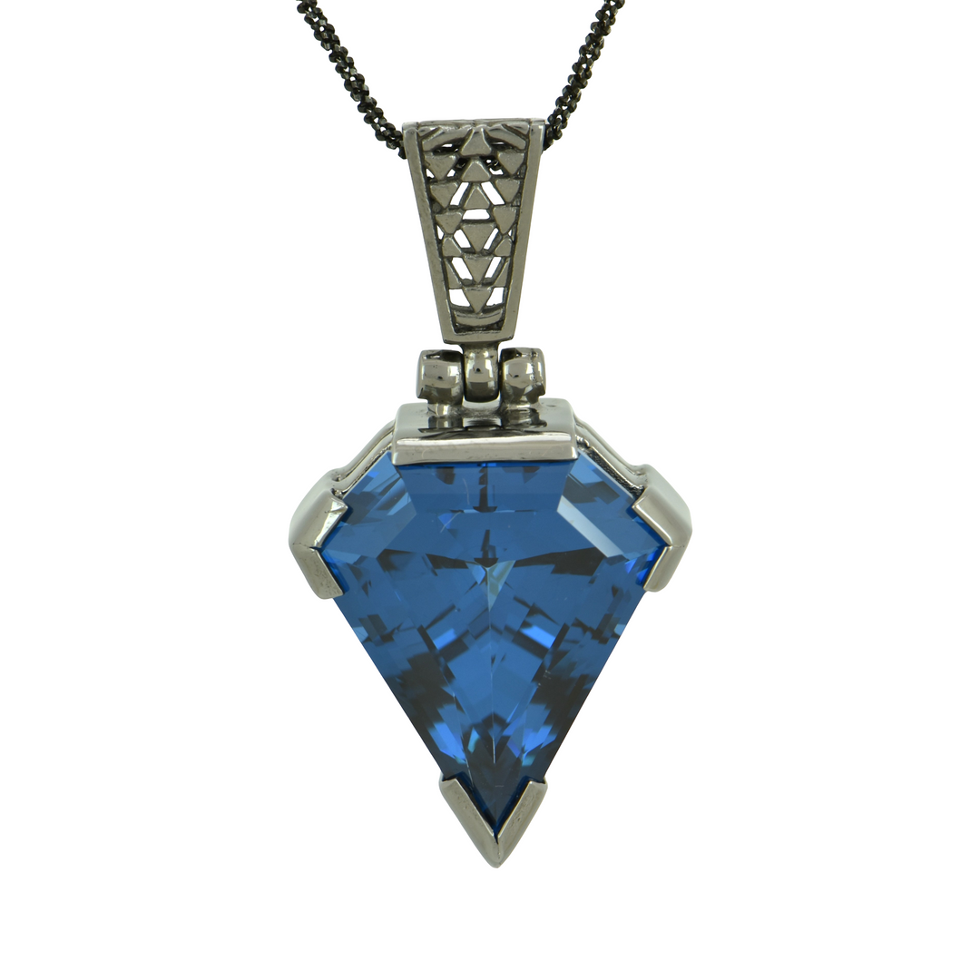 Blue Green Spinel Pendant, Superman Cut, set in Sterling Silver plated in Black Rhodium