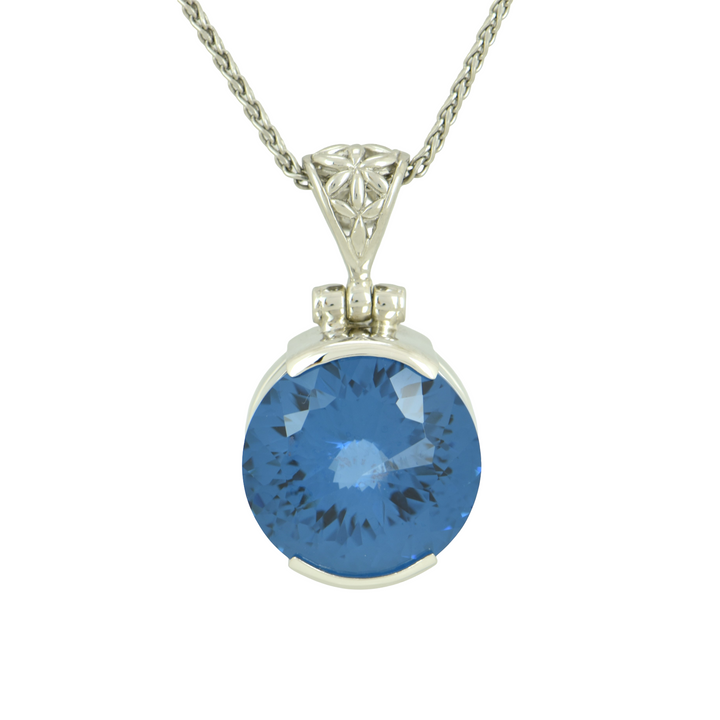Blue Green Spinel Pendant, Round Cut, set in Sterling Silver plated in White Rhodium