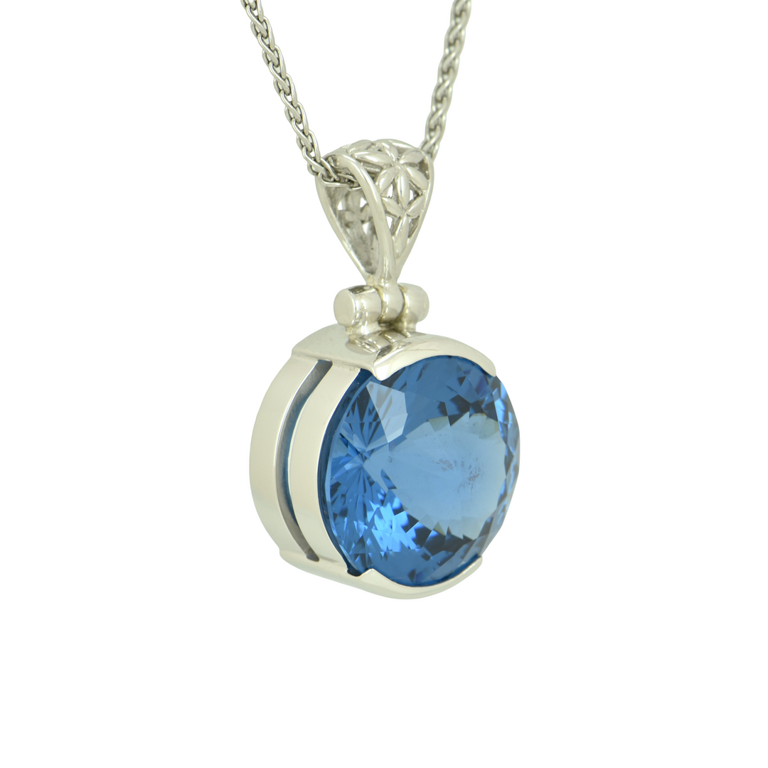 Blue Green Spinel Pendant, Round Cut, set in Sterling Silver plated in White Rhodium