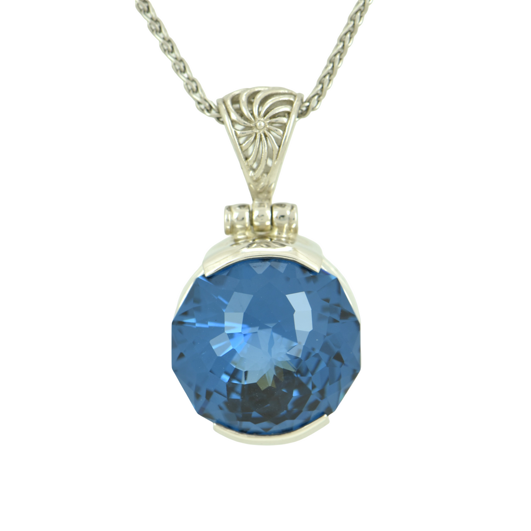 Blue Green Spinel Pendant, Round Cut, set in Sterling Silver plated in White Rhodium