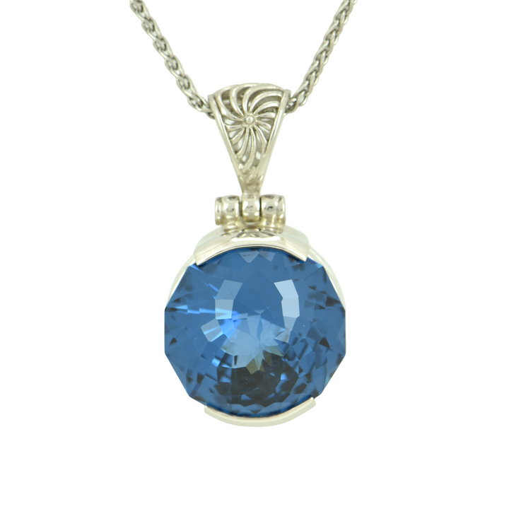 Blue Green Spinel Pendant, Round Cut, set in Sterling Silver plated in White Rhodium