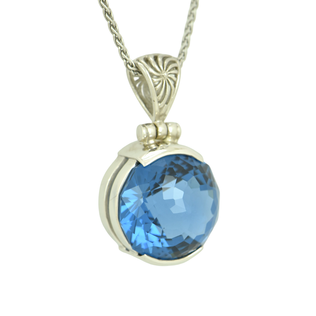 Blue Green Spinel Pendant, Round Cut, set in Sterling Silver plated in White Rhodium