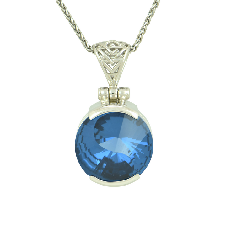 Blue Green Spinel Pendant, Round Yin Yang Cut, set in Sterling Silver plated in White Rhodium