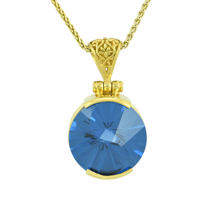 Blue Green Spinel Pendant, Round Yin Yang Cut, set in Sterling Silver plated in Yellow Gold