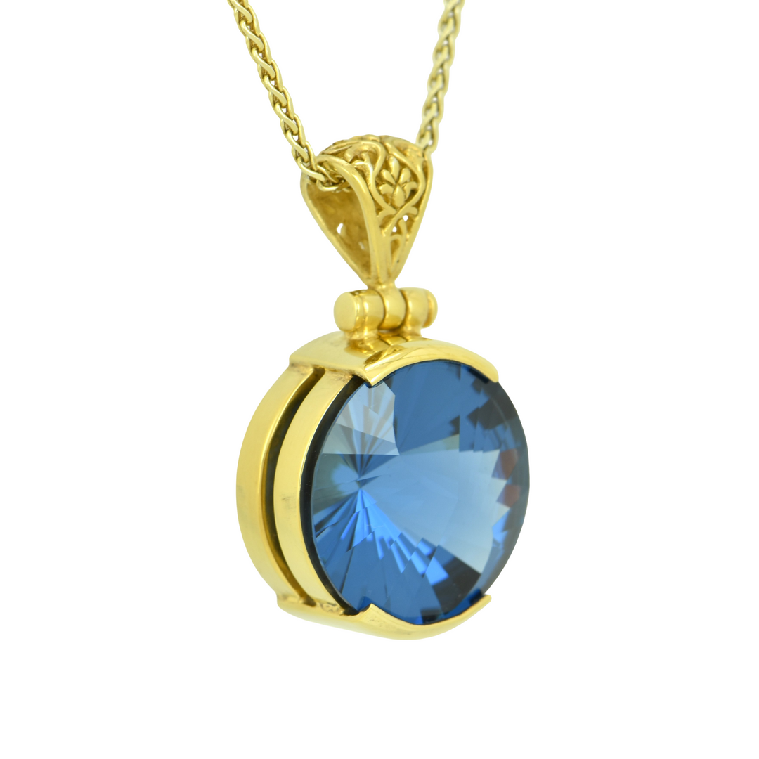 Blue Green Spinel Pendant, Round Yin Yang Cut, set in Sterling Silver plated in Yellow Gold