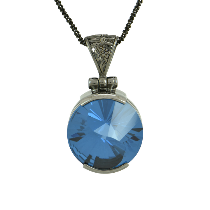 Blue Green Spinel Pendant, Round Yin Yang Cut, set in Sterling Silver plated in Black Rhodium