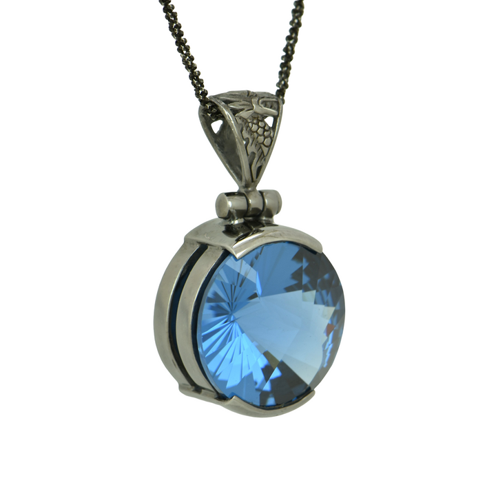 Blue Green Spinel Pendant, Round Yin Yang Cut, set in Sterling Silver plated in Black Rhodium