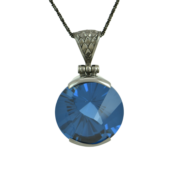 Blue Green Spinel Pendant, Round Yin Yang Cut, set in Sterling Silver plated in Black Rhodium