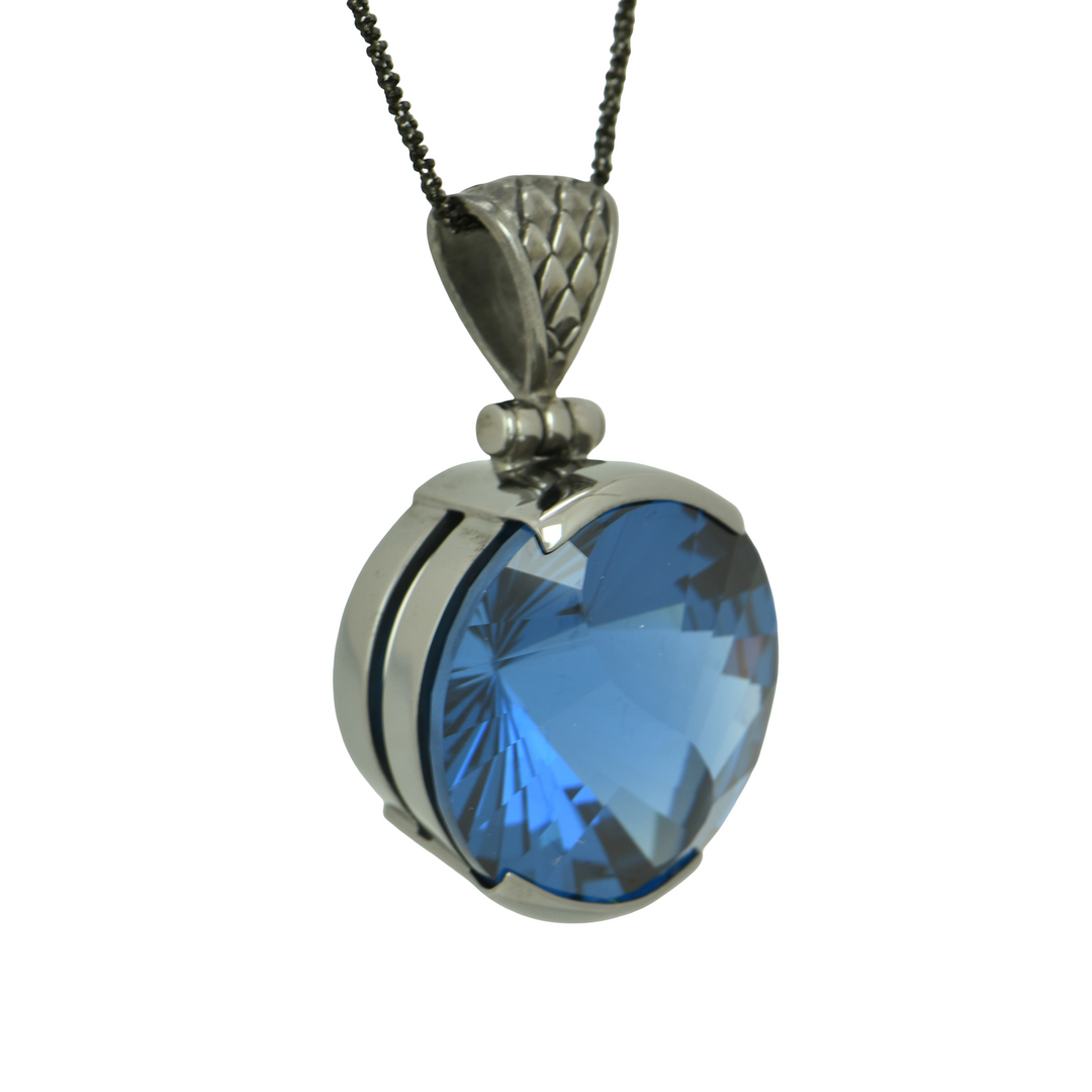 Blue Green Spinel Pendant, Round Yin Yang Cut, set in Sterling Silver plated in Black Rhodium