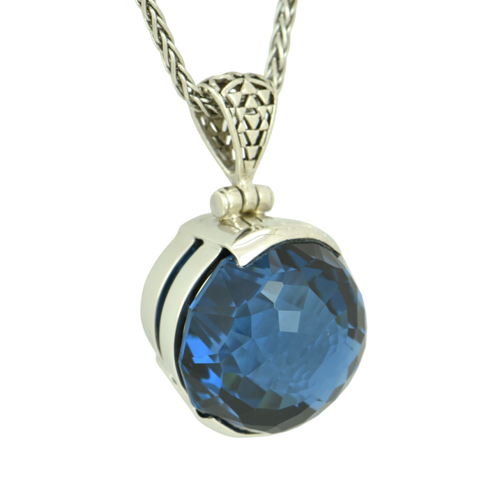 Blue Green Spinel Pendant, Round Cut, set in Sterling Silver plated in White Rhodium