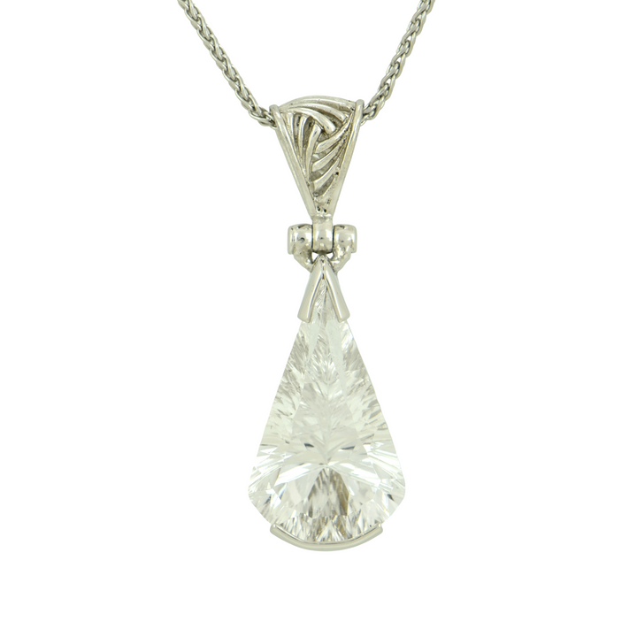 White Sapphire Pendant, Fan Cut, set in Sterling Silver plated in White Rhodium