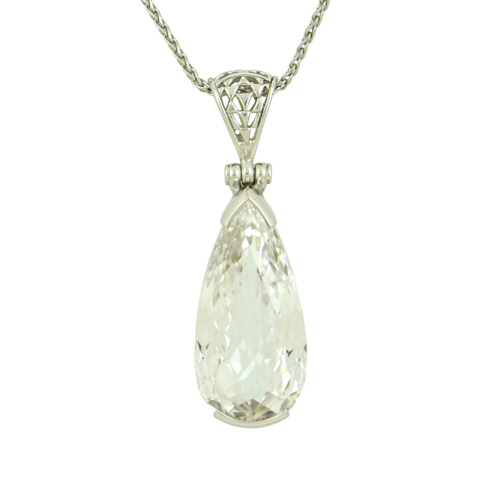 White Sapphire Pendant, Pear Cut, set in Sterling Silver plated in White Rhodium