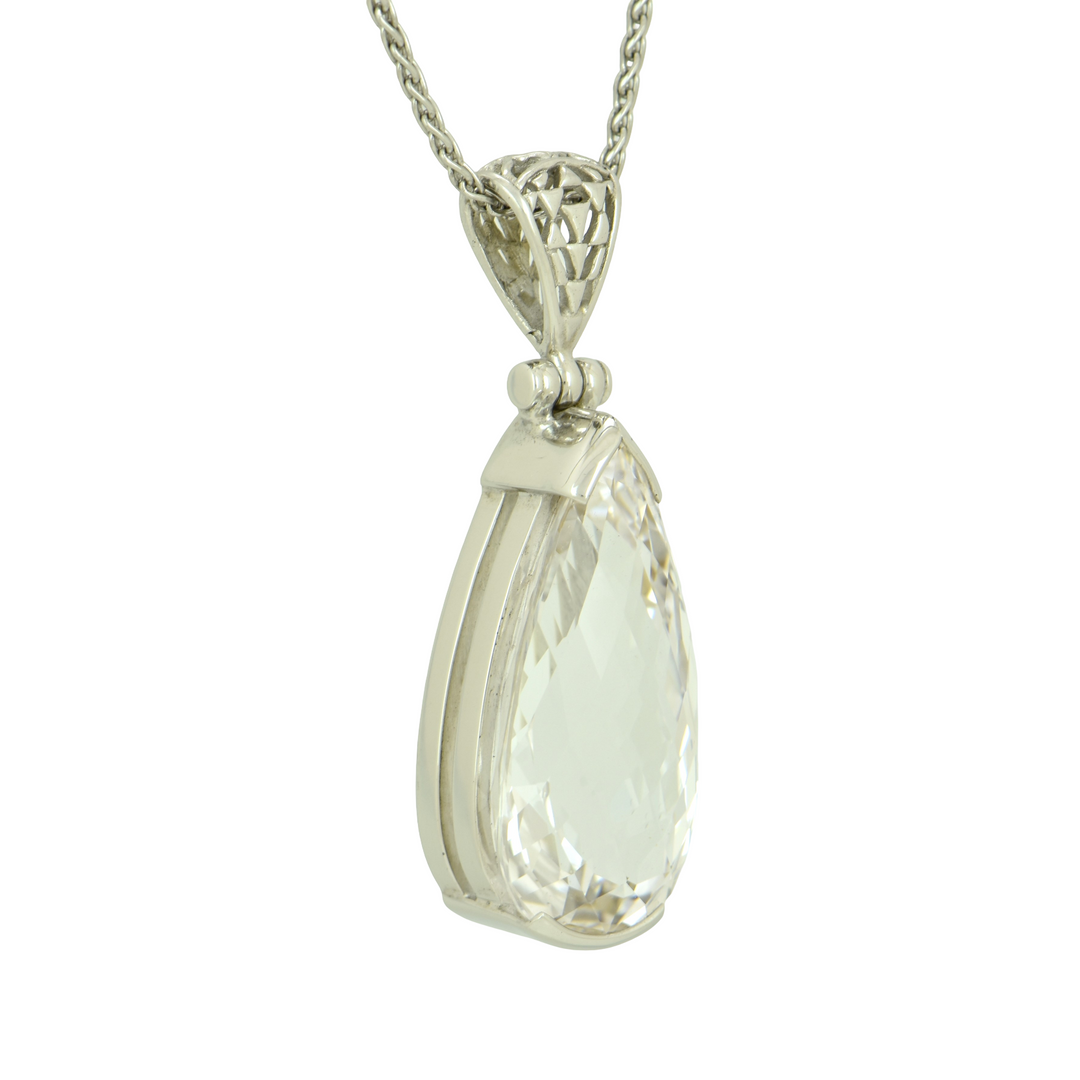 White Sapphire Pendant, Pear Cut, set in Sterling Silver plated in White Rhodium