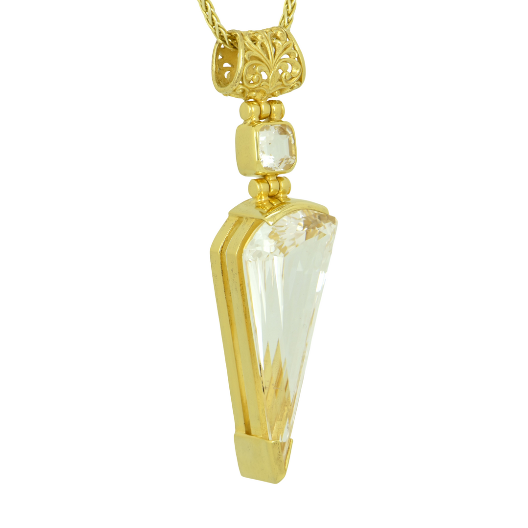 White Sapphire Pendant, Fan Cut, set in Sterling Silver plated in Yellow Gold
