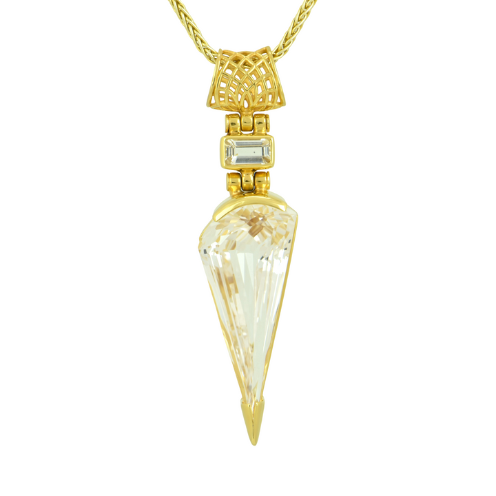 White Sapphire Pendant, Fan Cut, set in Sterling Silver plated in Yellow Gold