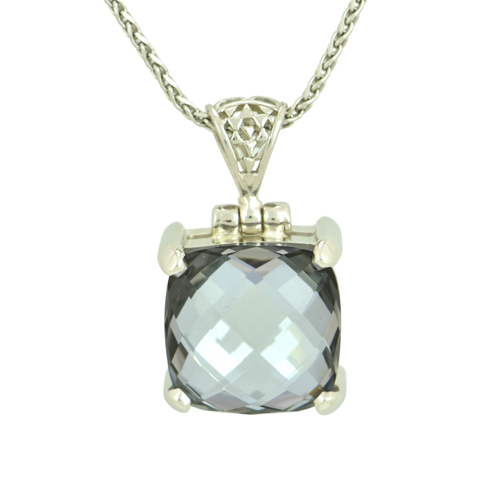 Moonlight Mystic Quartz Pendant, Cushion Cut, set in Sterling Silver plated in White Rhodium
