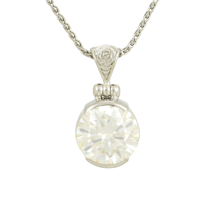 White Moissanite Pendant, Round Cut, set in Sterling Silver plated in White Rhodium