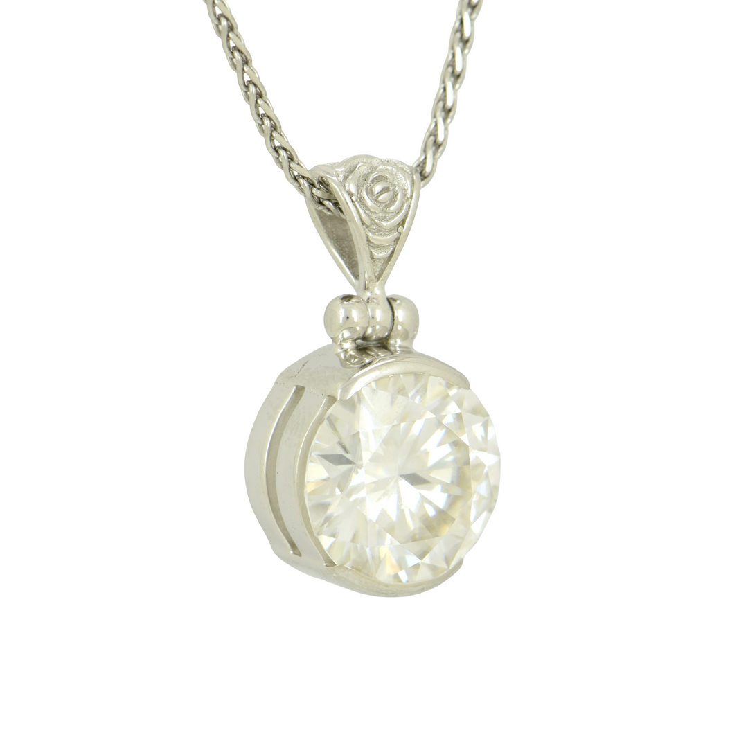 White Moissanite Pendant, Round Cut, set in Sterling Silver plated in White Rhodium