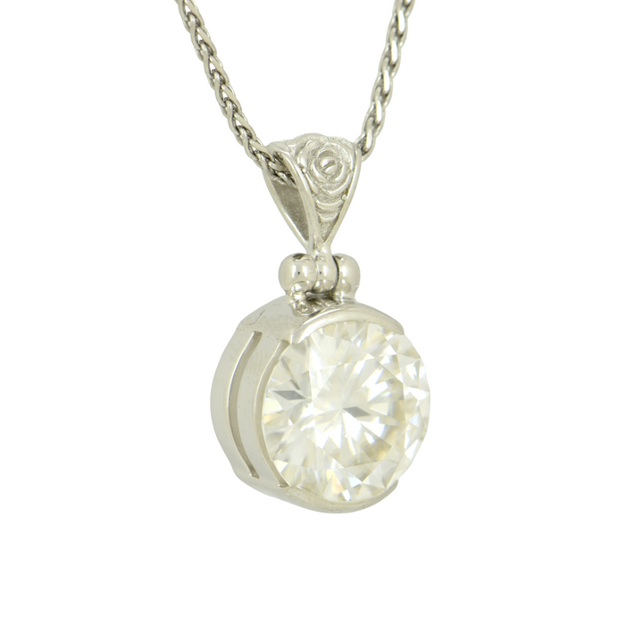 White Moissanite Pendant, Round Cut, set in Sterling Silver plated in White Rhodium