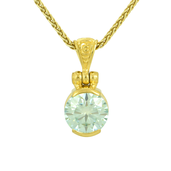 Light Blue Moissanite Pendant, Round Cut, set in Sterling Silver plated in Yellow Gold