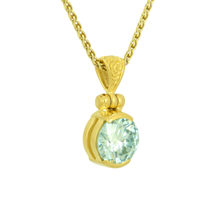 Light Blue Moissanite Pendant, Round Cut, set in Sterling Silver plated in Yellow Gold