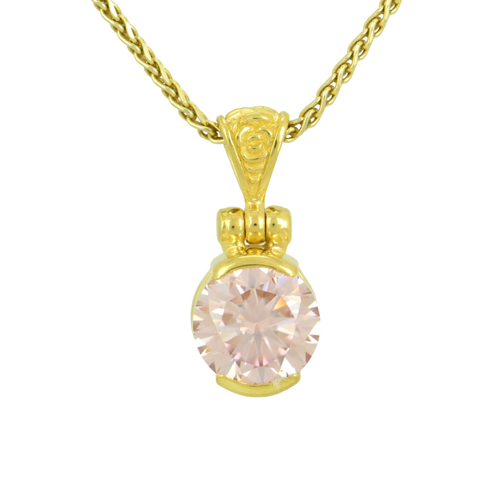 Pink Moissanite Pendant, Round Cut, set in Sterling Silver plated in Yellow Gold