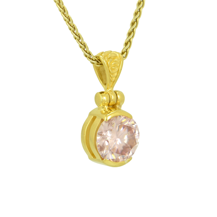 Pink Moissanite Pendant, Round Cut, set in Sterling Silver plated in Yellow Gold