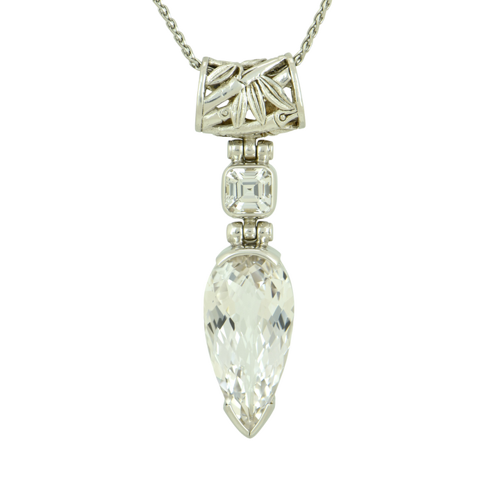 White Sapphire Pendant, Pear Cut, set in Sterling Silver plated in White Rhodium
