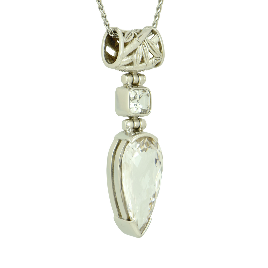 White Sapphire Pendant, Pear Cut, set in Sterling Silver plated in White Rhodium