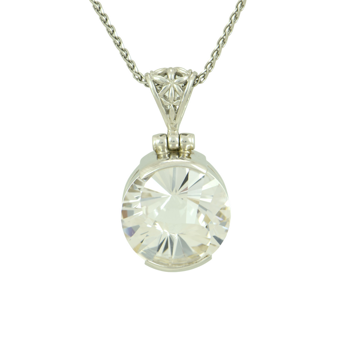 White Sapphire Pendant, Round Yin Yang Cut, set in Sterling Silver plated in White Rhodium