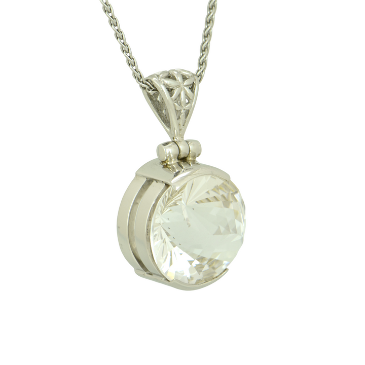 White Sapphire Pendant, Round Yin Yang Cut, set in Sterling Silver plated in White Rhodium