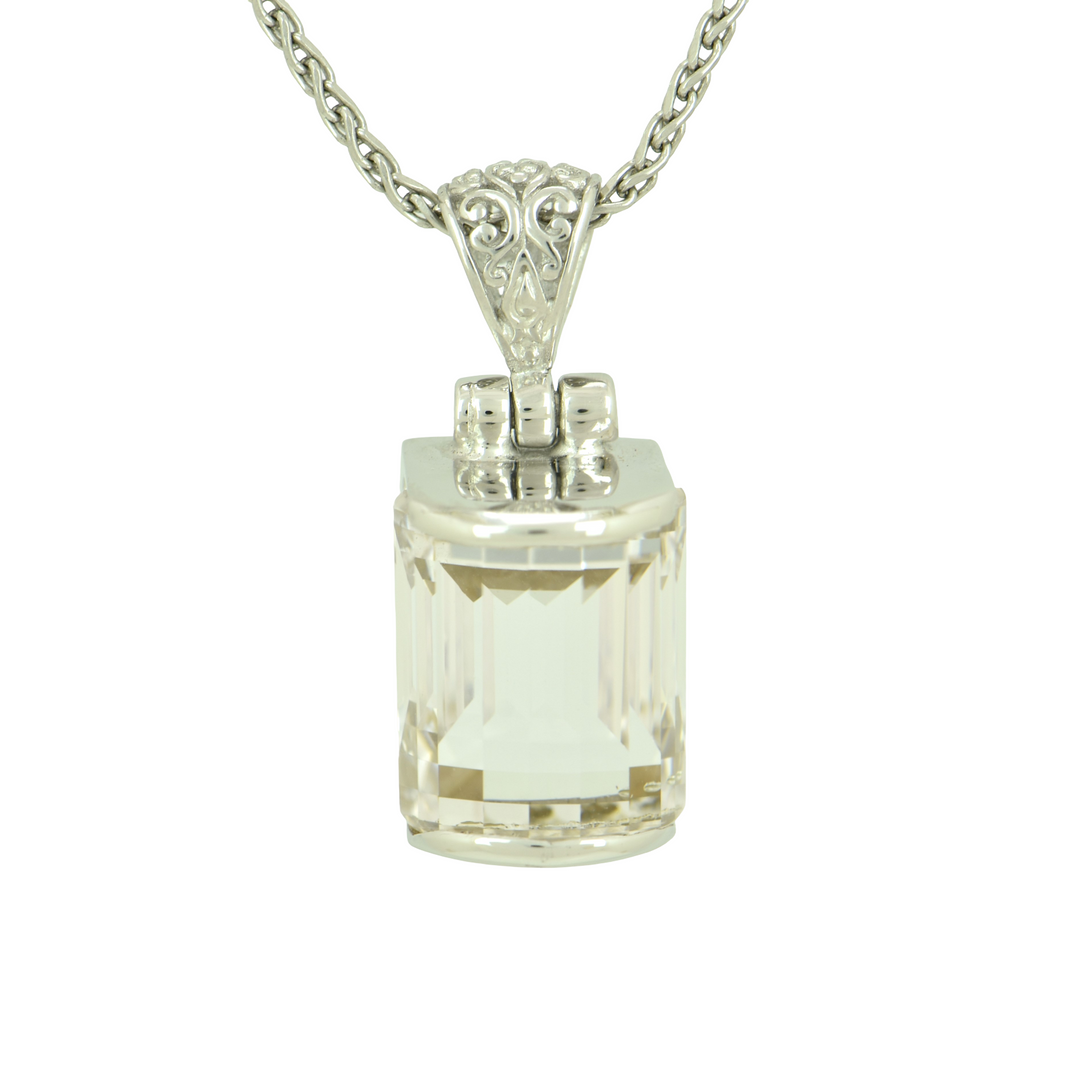 White Sapphire Pendant, Curved Rectangle, set in Sterling Silver plated in White Rhodium