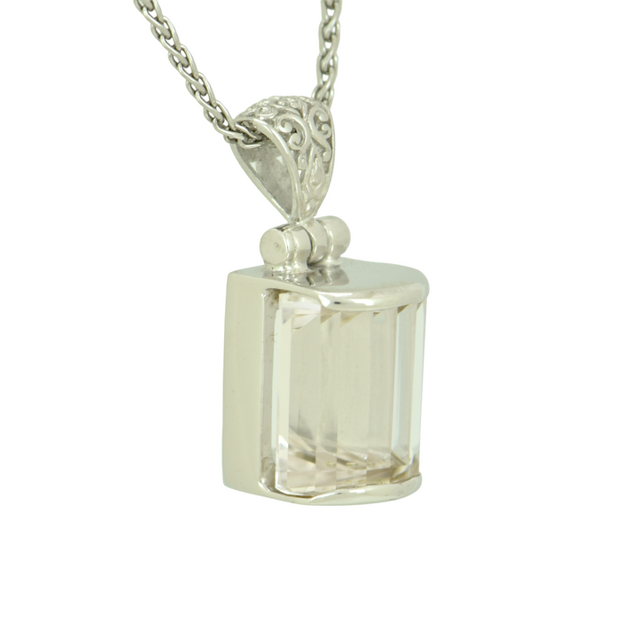 White Sapphire Pendant, Curved Rectangle, set in Sterling Silver plated in White Rhodium