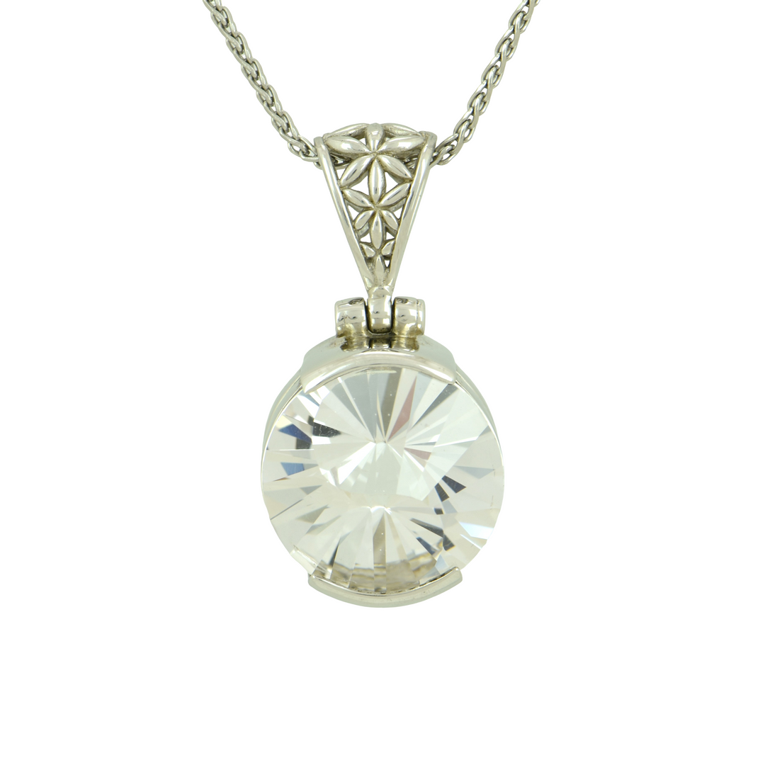 White Sapphire Pendant, Round Yin Yang Cut, set in Sterling Silver plated in White Rhodium