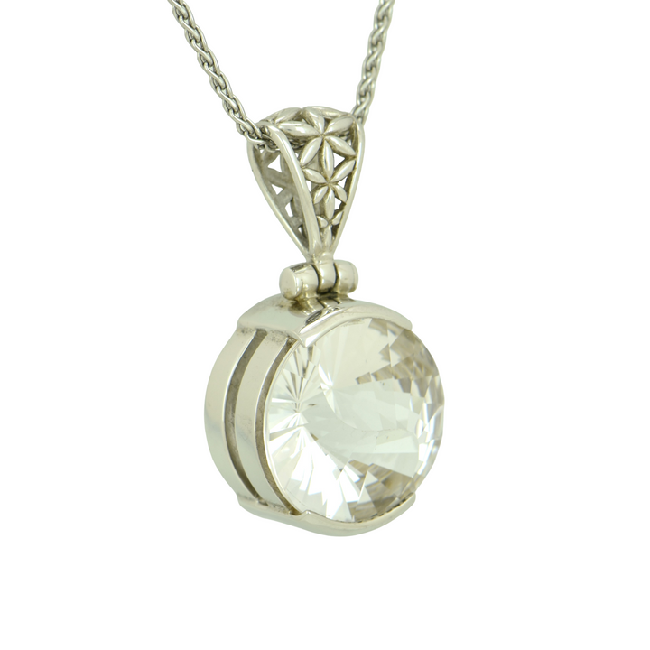 White Sapphire Pendant, Round Yin Yang Cut, set in Sterling Silver plated in White Rhodium