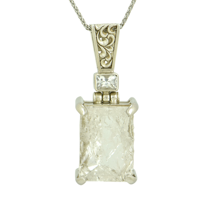 Quartz Angelic Reflections Pendant, Rectangle Cut, set in Sterling Silver plated in White Rhodium