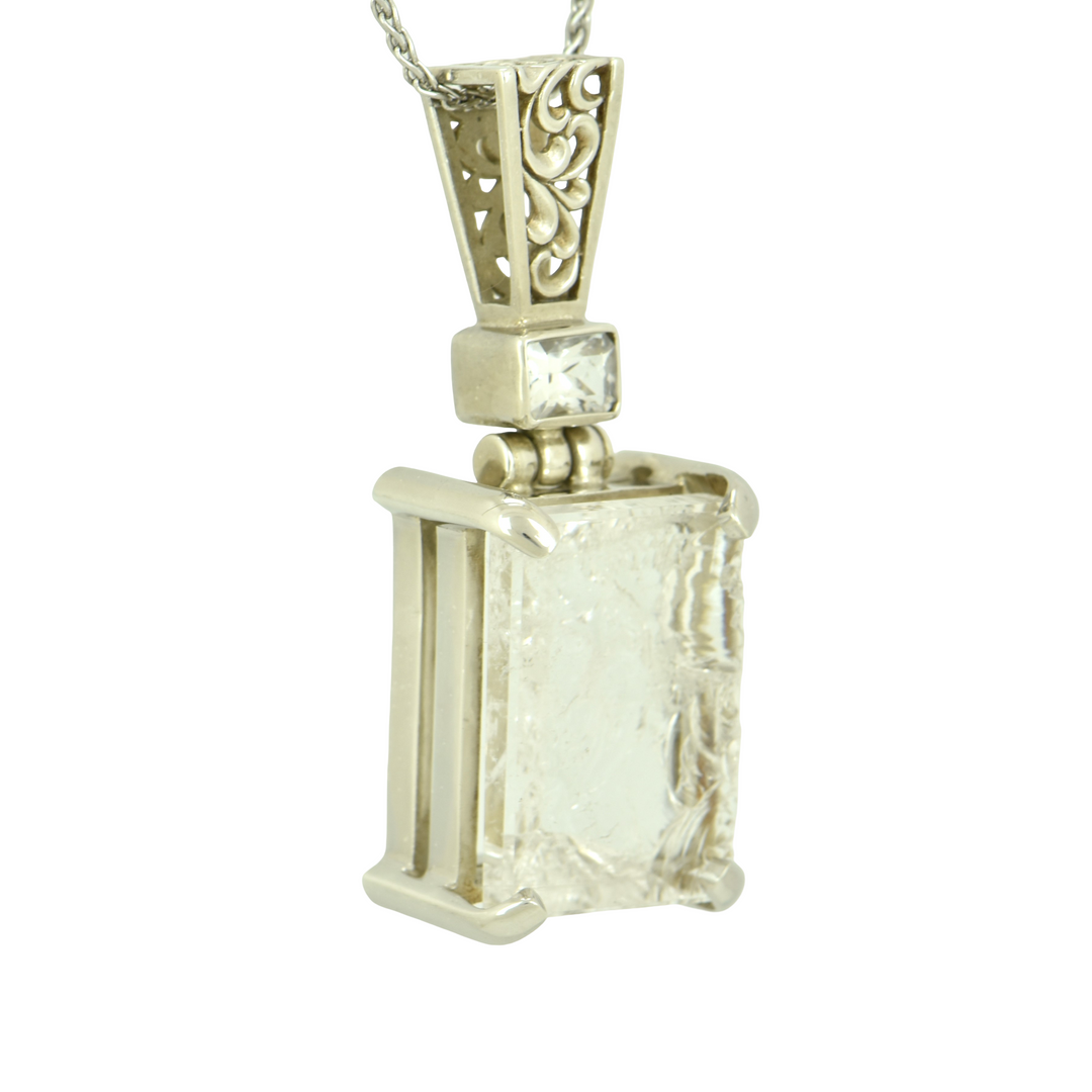 Quartz Angelic Reflections Pendant, Rectangle Cut, set in Sterling Silver plated in White Rhodium