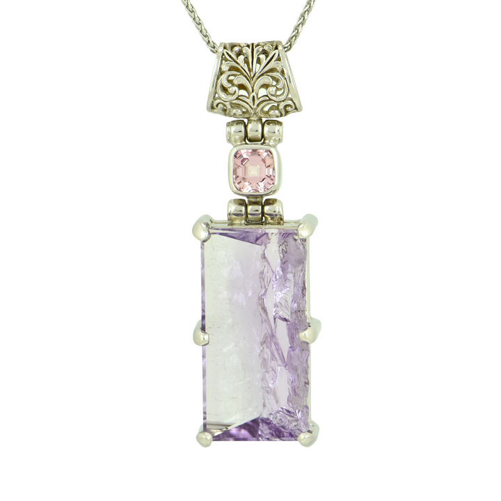 Lavender de Fleur Amethyst Angelic Reflections Pendant, Rectangle Cut, set in Sterling Silver plated in White Rhodium