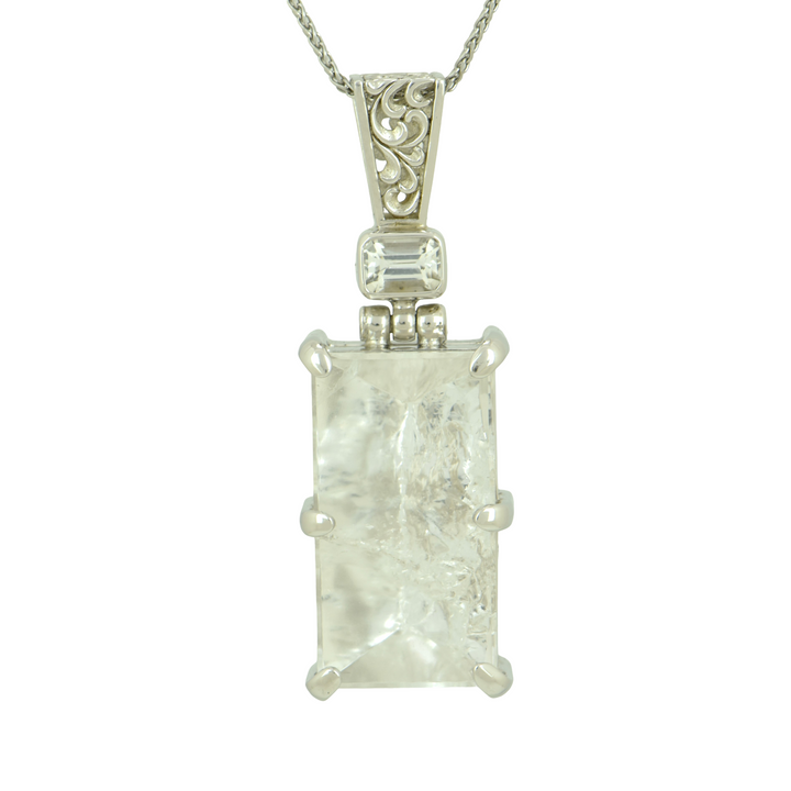 Quartz Angelic Reflections Pendant, Rectangle Cut, set in Sterling Silver plated in White Rhodium